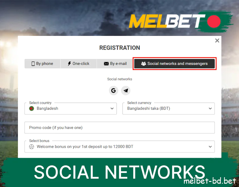 Melbet registration using social networks and messengers